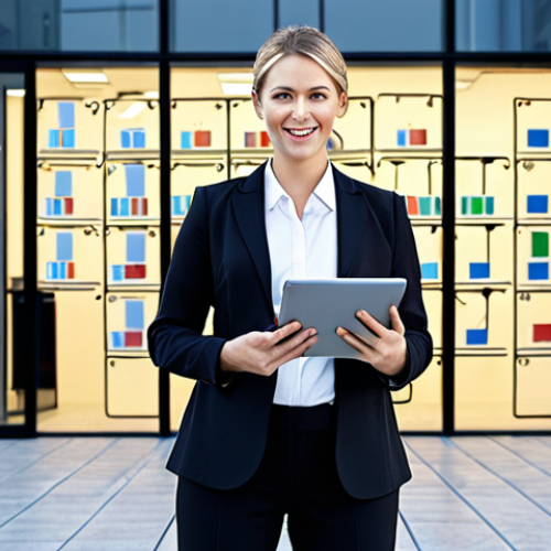 **

A confident business professional (male or female) standing in front of a modern office building, holding a tablet displaying a supply chain network visualization (nodes, connections). The scene emphasizes career advancement and success, with elements like a rising graph or a celebratory gesture. Include keywords like "Supply Chain Management," "Career Success," "Technology," and "Future." Style: Clean, professional, slightly futuristic.

**