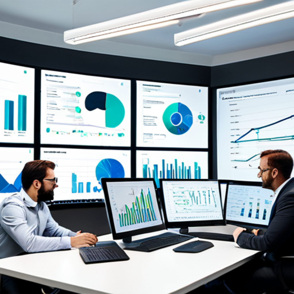 **
"A modern office setting, featuring a diverse team of professionals collaborating around a large screen displaying ERP data visualizations (charts, graphs). The scene emphasizes efficient workflow and data-driven decision-making. Everyone is fully clothed in appropriate business attire. Safe for work, professional environment, perfect anatomy, well-formed hands, natural lighting, high quality, family-friendly."
**