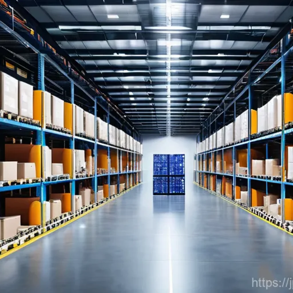 공급망관리와 재고 최적화 사례 - **Prompt:** A brightly lit, expansive, and ultra-modern logistics hub. The interior is clean and fea...