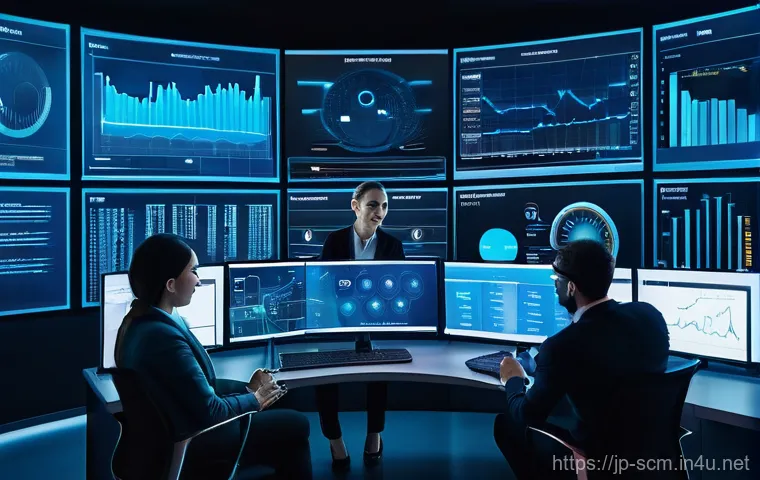 SCM 주요 툴 비교와 선택 가이드 - A futuristic, high-tech control room bathed in soft, glowing blue light, showcasing a sophisticated ...