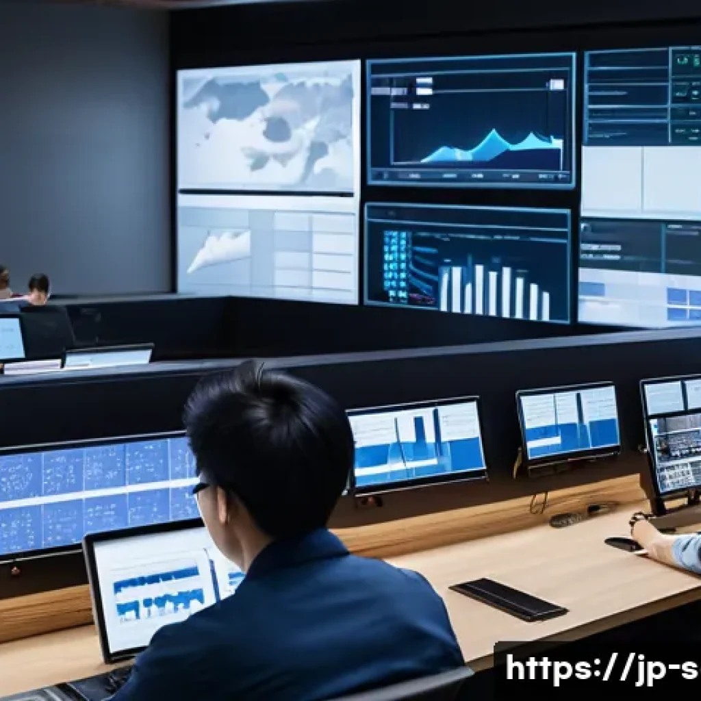 공급망관리에서의 의사결정 과정 - A modern Japanese supply chain control room bustling with activity, featuring diverse professionals ...