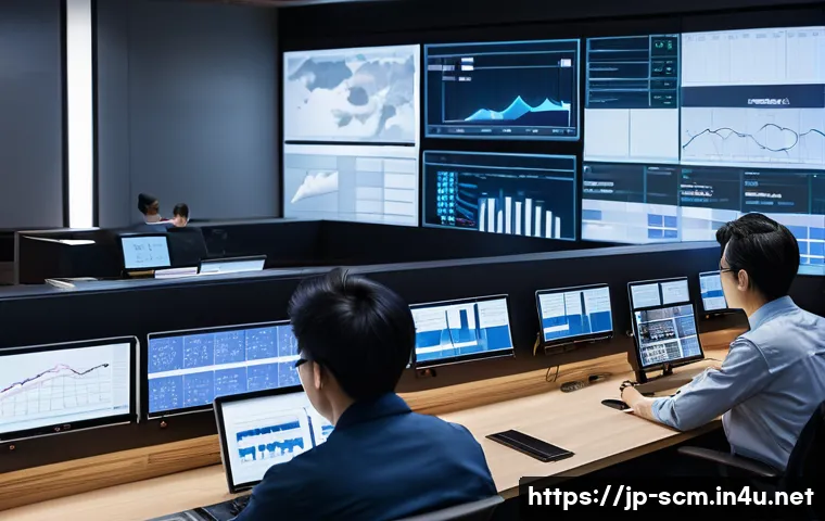 공급망관리에서의 의사결정 과정 - A modern Japanese supply chain control room bustling with activity, featuring diverse professionals ...