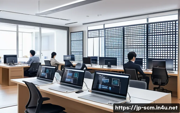 SCM 전문가로서 지속적인 학습 방법 - A modern Japanese office scene showing a diverse group of professionals collaborating in a bright, s...
