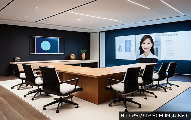 SCM 실무에서의 의사소통 개선 - A modern Japanese office setting with a diverse team of professionals engaged in a video conference....