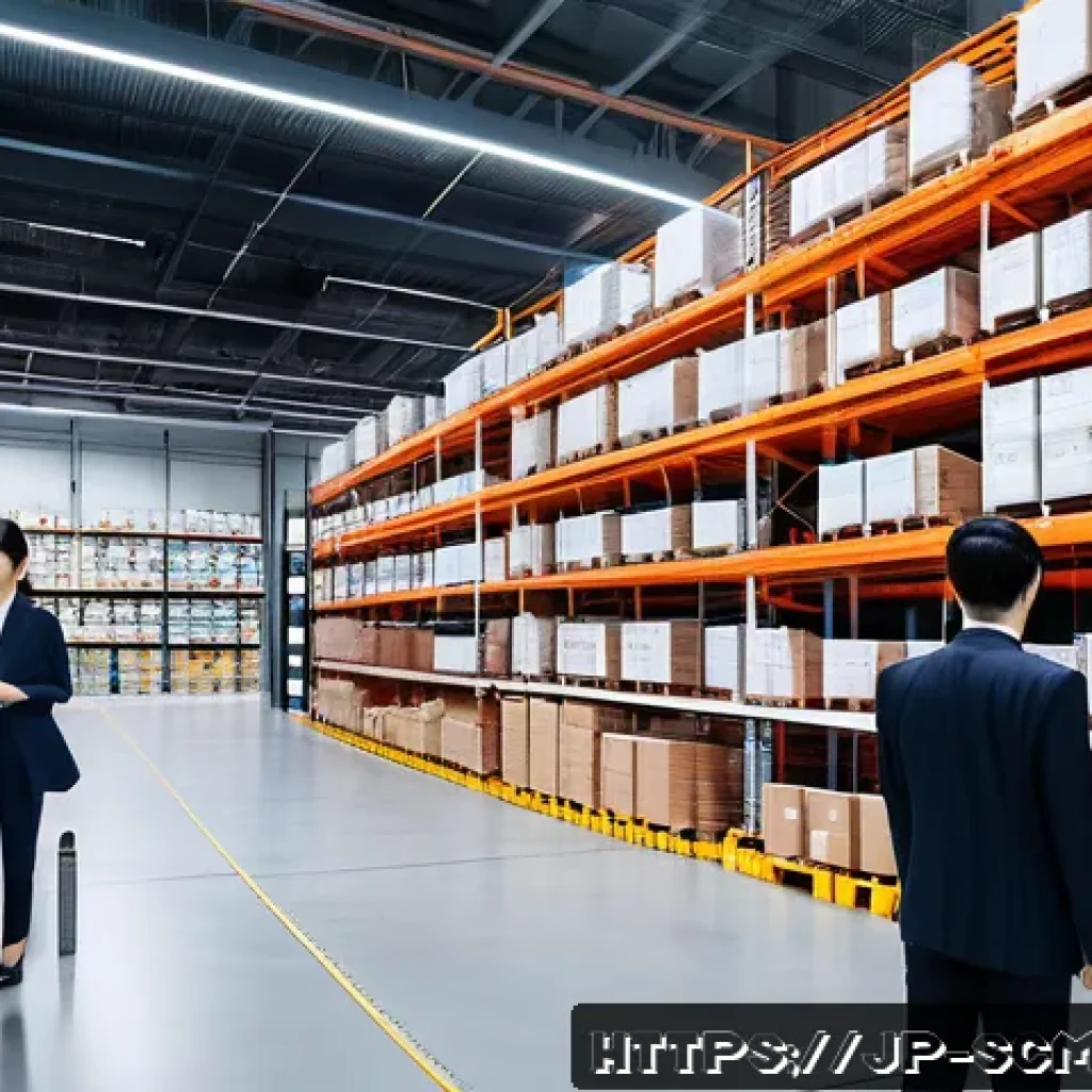 공급망관리와 물류 파트너십 구축 - A modern logistics warehouse interior with advanced AI and IoT technology, featuring sleek sensors m...