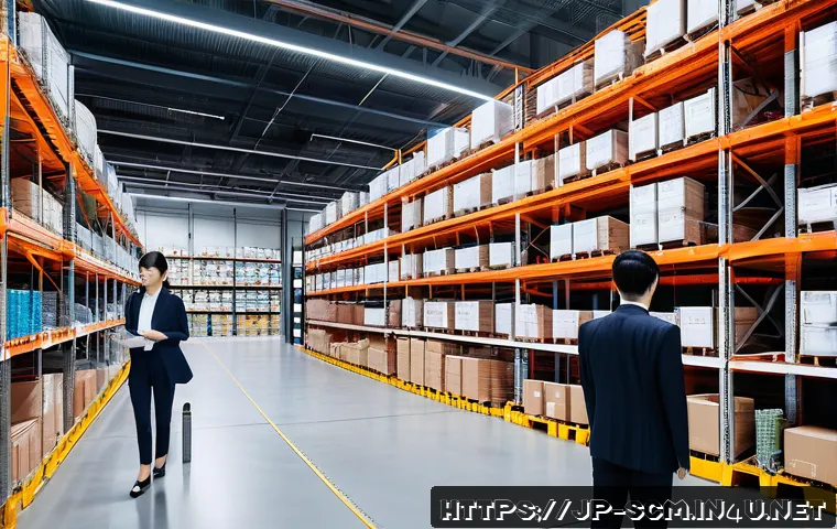 공급망관리와 물류 파트너십 구축 - A modern logistics warehouse interior with advanced AI and IoT technology, featuring sleek sensors m...