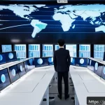 공급망관리와 국제 표준 준수 방법 - A modern, high-tech logistics control room filled with multiple large digital screens displaying rea...
