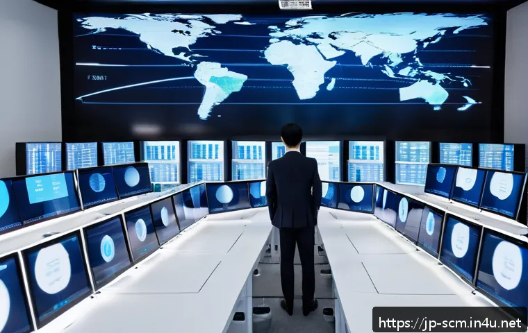 공급망관리와 국제 표준 준수 방법 - A modern, high-tech logistics control room filled with multiple large digital screens displaying rea...