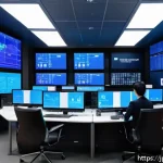 공급망관리 실무에서의 성공적인 사례 연구 - A modern logistics control room with multiple large digital screens displaying real-time IoT sensor ...