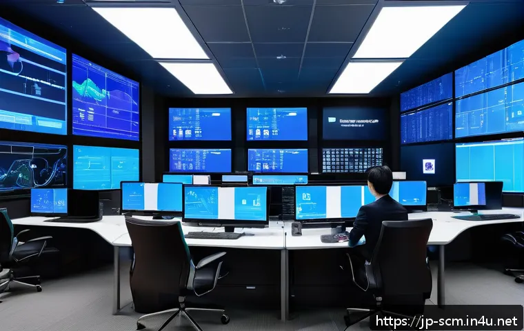 공급망관리 실무에서의 성공적인 사례 연구 - A modern logistics control room with multiple large digital screens displaying real-time IoT sensor ...