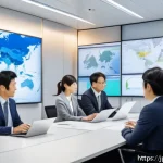 공급망관리와 국제 무역 협상 - A modern corporate office environment showing a diverse team of Japanese business professionals disc...