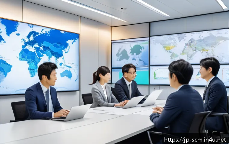 공급망관리와 국제 무역 협상 - A modern corporate office environment showing a diverse team of Japanese business professionals disc...