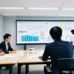 SCM 실무에서의 창의적 문제 해결 - A modern Japanese office scene featuring a diverse cross-functional team actively engaged in scenari...