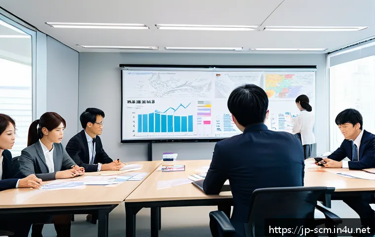 SCM 실무에서의 창의적 문제 해결 - A modern Japanese office scene featuring a diverse cross-functional team actively engaged in scenari...