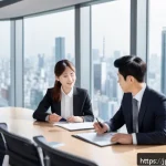 SCM에서 성공적인 협상 기술 - A modern Japanese business negotiation scene set in a sleek conference room with large windows showi...