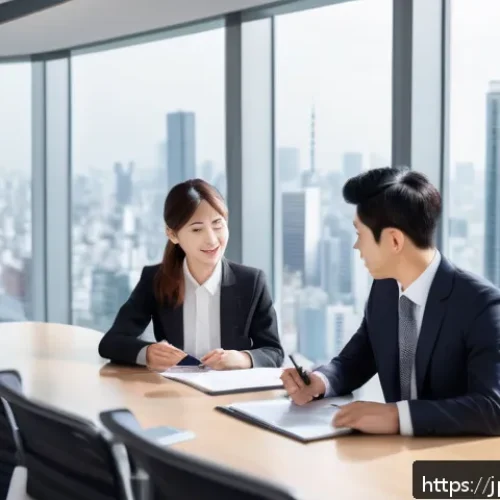 SCM에서 성공적인 협상 기술 - A modern Japanese business negotiation scene set in a sleek conference room with large windows showi...