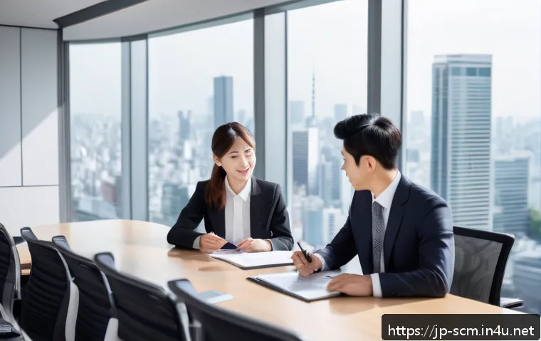 SCM에서 성공적인 협상 기술 - A modern Japanese business negotiation scene set in a sleek conference room with large windows showi...