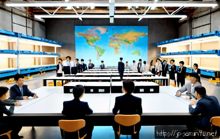 공급망관리와 글로벌 협력 네트워크 - Photorealistic global supply chain management scene, diverse business professionals in a bright mode...