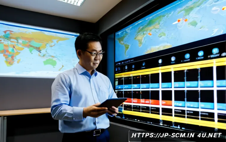 공급망관리 실무에서의 혁신적 접근 사례 - Photorealistic Japanese supply chain innovation meeting in a bright modern logistics control room, d...