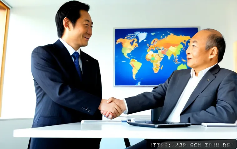 공급망관리 연봉 협상 성공 스토리 - Photorealistic Japanese supply chain manager in a smart business suit confidently shaking hands with...